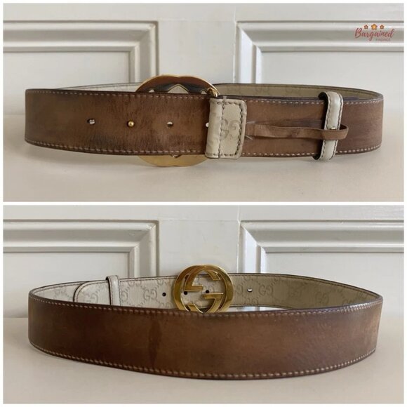 Authentic Gucci Cream Guccissima Leather Gold Interlocking G Buckle Belt 80/32 - Picture 6 of 13
